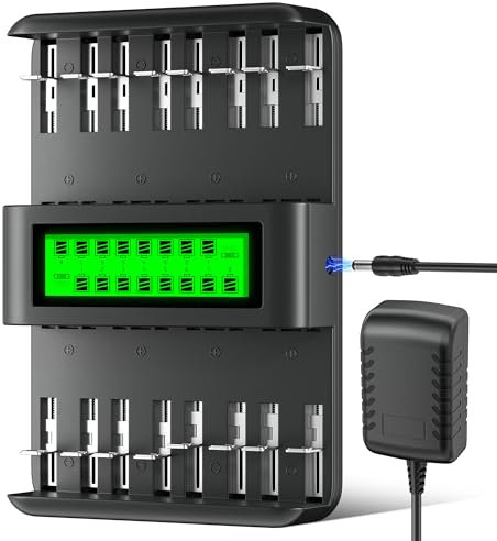 Mspalocell 16 slot battery charger for 1.2V AA/AAA/C/D rechargeable batteries (Ni-MH/Ni-CD), LCD display, independent/mixed charging, 12V/2A input charger