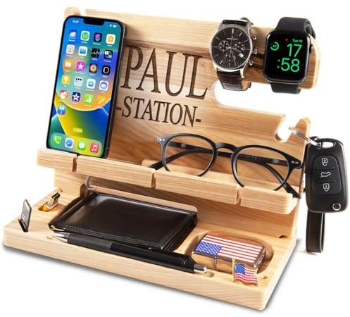 GRETAOTO Personalized Wooden Docking Station for Cell Phone, Smartphone, Tablet, Wallet, Gadgets, Watch, Keys, Accessories, Essentials, Nightstand Organiser, Gifts for Men (Beige)