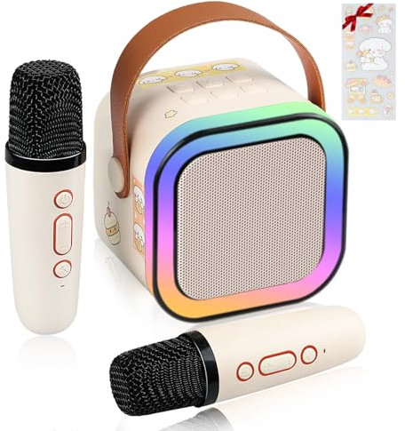 LAMJAD Karaoke Maschine Kinder mit 2 Drahtlosen Mikrofonen,Tragbares Bluetooth KTV Anlage mit LED-Licht und Sprachveränderungseffekten, Geschenke für Alter 3-12 Kinder (Beige)