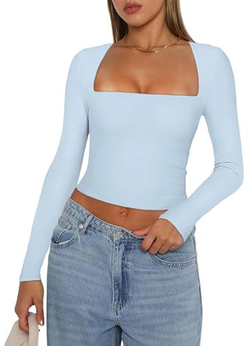 YILEEGOO Women Y2K Long Sleeve Tops Sexy Low Cut Square Neck Basic Tops Blouse Casual Slim Fit Solid Color Crop Top Tight T-Shirt (Sky Blue, M)