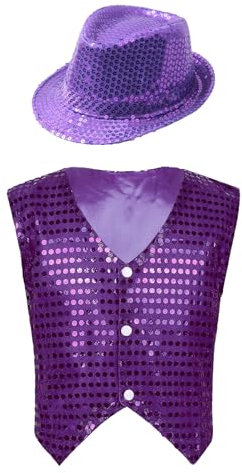 iEFiEL Gilet Glitterato da Danza Jazz per Bambini Ragazzi con Paillettes Cappello Lucido Top Vest da Prestazioni Canotta Canottiera Costume da Discoteca Dancewear Viola 5-6 Anni