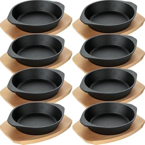 8x Servierpfanne mit Holzuntersetzer und Lappengriffen Ø 18 cm Gusseisen