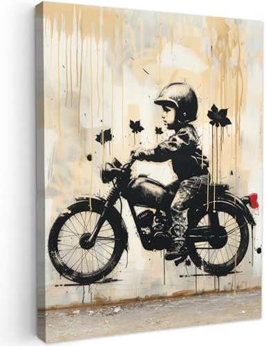 MuchoWow© Leinwandbild 60x80 cm Dekoration Wohnzimmer Bilder Pictures Wall Decoration Living Room Wohnungs Deko Moderne Bild Vintage - Street art - Motorrad - Junge - Graffiti - Schwarz - Banksy