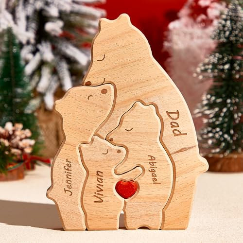 VEELU Personalisiertes Holzpuzzle Alleinerziehende Bär Familie Geschenke mit 2-8 Namen, Dekoratives Stück für Heimdekoration,Geschenk zum Muttertag, Vatertag,Weihnachten, Geburtstag für Mama/Papa