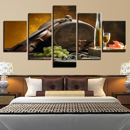 SEVENYXX Wandbilder Mit Rahmen 5 Teiliges Leinwandbild Weinfass Violine Trauben 5 Platten Poster Wandbild Kunstdrucke Büro Küche Schlafzimmer wandbilder Wohnzimmer
