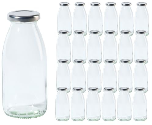 Vitrea 24 leere Glasflaschen 250ml Schraubverschluss Silber - Milchflaschen, Saftflaschen, kleine Flaschen zum Befüllen mit Deckel - für Milch, Saft, Smoothies, Öl - 24 Stück, TO43, Hansa