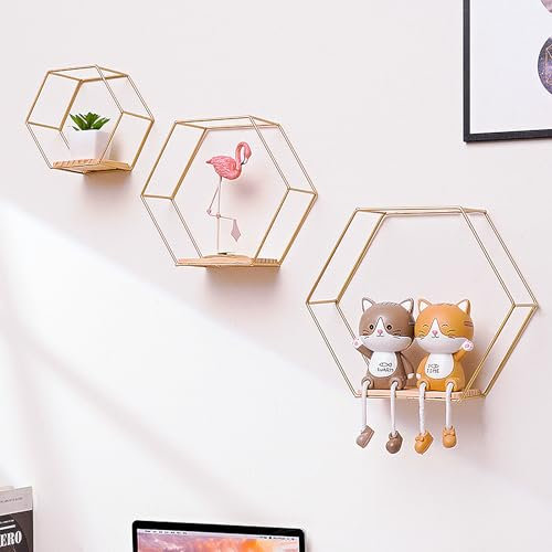 Lvpradior Hexagon wandregal Metall Hängeregal 3er Set, Zimmer deko schweberegal, deko Aesthetic für Wanddeko und Ablage für Bad, Wohnzimmer, Küche, Schlafzimmer und mehr (Gold)