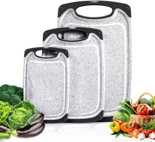ProBytes Planche à découper en polyéthylène haute densité effet pierre – Poignée en caoutchouc, rainure pour jus, trou de passage, non poreuse, durable et sans BPA, facile à nettoyer, préparation des