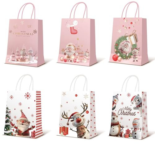 EDWINENE 24 Stück Papiertüten Weihnachten Geschenktüten mit Henkel, Weihnachtstaschen aus Kraftpapier, Geschenkverpackung für Weihnachtsfeier begünstigt Süßigkeitenparty