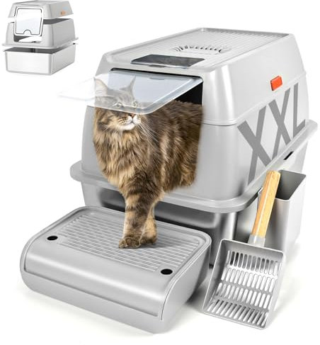 Kalolary Lettiera per Gatti in Acciaio Inox con Coperchio, Lettiera Gatto Chiusa Grande XXL con Ingresso Dall'alto, Coperchio Recinto Alto, Paletta, Pedale (Grigio)