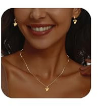Hernin Kette Buchstabe Gold für Damen Vergoldete Buchstaben Halskette Damen Golden Kette mit Buchstaben A-Z Initial Halskette mit Ohrstecker Geschenke für Frauen Mädchen (Gold #W)