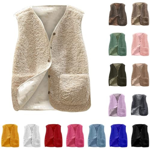 Weste Damen Kurz Ärmellose Fleeceweste Teddy Fleece Plüschweste Herbst Winter Warm Steppweste mit Knöpfen Elegant Einfarbig Winterweste mit Taschen Locker Übergangsjacke Leicht Cardigan Jacke
