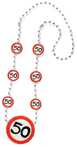 Tiwoca Geschenk zum 50. Geburtstag – rot-weiße Halskette mit Verkehrsschild-Optik Zahl 50 – Ausgefallene Geburtstagsdeko und lustige Geschenkideen für Männer und Frauen
