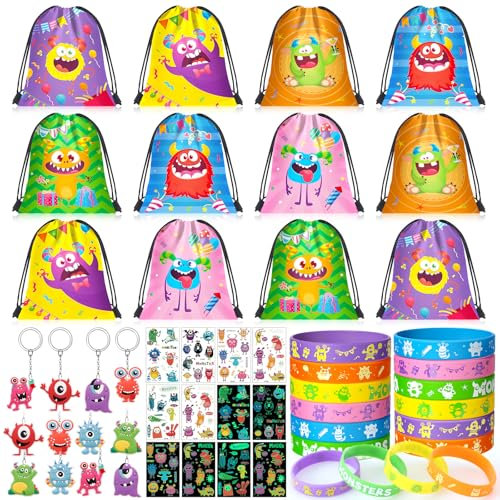 Monster Party Mitgebsel Kindergeburtstag 4 5 6 7 8 Jahre mit Kordelzugbeutel Geschenktüten Leuchtendes Tattoo Schlüsselanhänger Silikonarmband Monster Give Aways Gastgeschenke Pinata Füllung Kinder