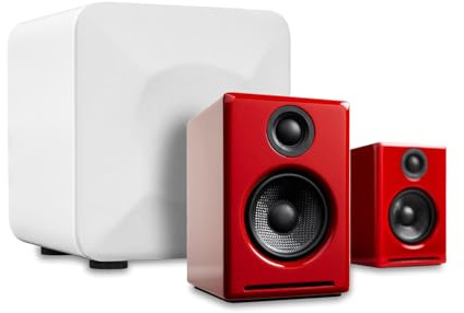 Audioengine A2 Red Pc Speakers for Desktop and S6 White Subwoofer for Music Gaming Movies Studios Dorms Bedrooms Offices