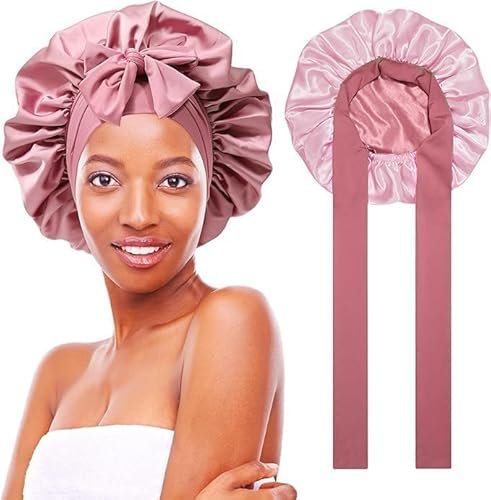 Wffeila Satin Bonnet Night Sleep Cap, Adjustable Silk Cap,pink