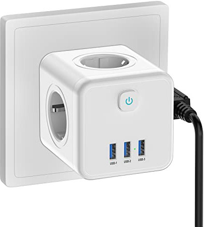 USB Steckdose, Steckdosenadapter 7 in 1 Doppelstecker für Steckdose mit 3 USB - White