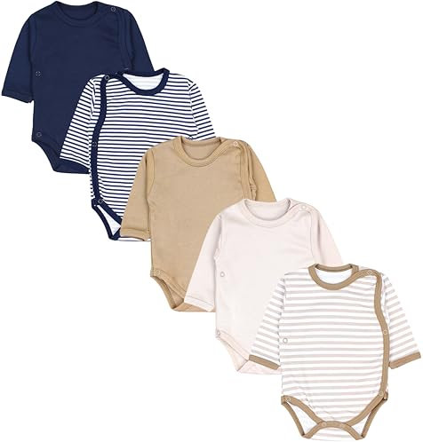 TupTam Wickelbody Langarm Baby Body im 5er Set – Weicher Body Baby aus Baumwolle für Mädchen & Jungen, Farbe: Streifen Dunkelblau Beige Hellbeige, Größe: 68