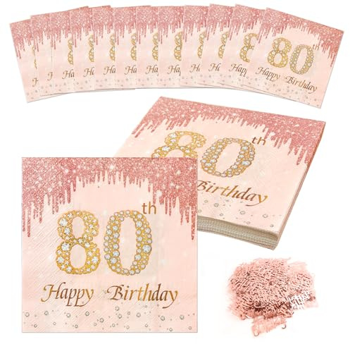40 Stück Servietten 80. Geburtstag Rosa mit Konfetti, 2 Lagig Servietten | 33 x 33 cm/ 13 x 13 inch, Rose Gold Tischdekoration Papierservietten für Frau Geburtstag Feiern Party Jubiläum