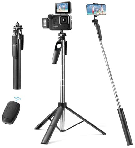 Oderra Trépied Smartphone 3-en-1 avec Perche à Selfie Bluetooth - Télécommande Détachable, 160CM Rétractable + Stabilisation 360° Compatible iPhone/Samsung/Huawei