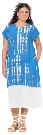 Ulla Popken Damen große Größen Übergrößen Plus Size Kaftan, Leinenmix, Batikdruck, V-Ausschnitt, Halbarm Petrolblau 58+ 838672738-58+