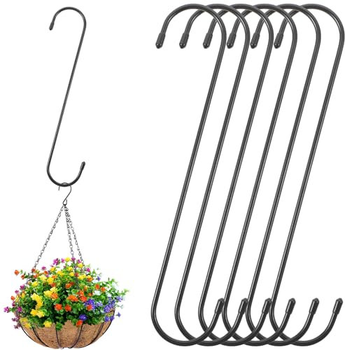 6pcs Extra Long S Hooks Heavy Duty Black Hooks 30cm Premium Stainless Steel Metal Hanging Hook Bird Feeder Hook Branch Garden Tree Extension for Hang Plant Bird House Clothe Kitchenware Basket Lantern