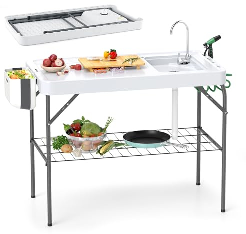 GYMAX Plan de Travail Cuisine Extérieur avec Robinet, Table Pliable de Camping avec Évier, Buse d'eau, Étagère de Rangement, pour Nettoyage de Poisson Légumes