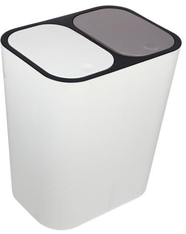 POPETPOP Poubelle la Cuisine Double Compartiment 30l en Plastique Ivoire Couvercle Compartiments Séparés pour Déchets Secs et Humides Maison Salle de Bain