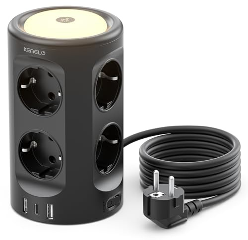 Tour multiprise USB, 8 prises CA et 3 USB, 2 m avec lumière nocturne et interrupteur, multiprise de protection contre la surtension, prise multiple pour table, bureau, maison