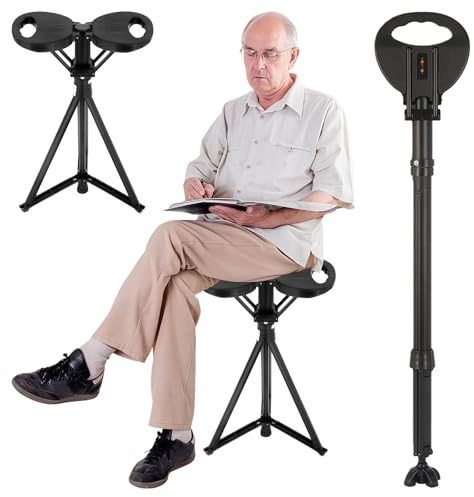 Gehstock mit Sitz Sitzstock für Senioren und Erwachsene | Tragbarer Spazierstock mit Tragetasche, Höhenverstellbarer Wanderstock mit Sitzkapazität 250kg, Verstellbarer Gehstocksitz