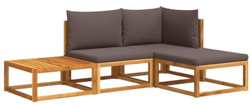 Frdhee Canapé de jardin 4 pièces avec coussin en bois d'acacia et corde pour salon, balcon et jardin
