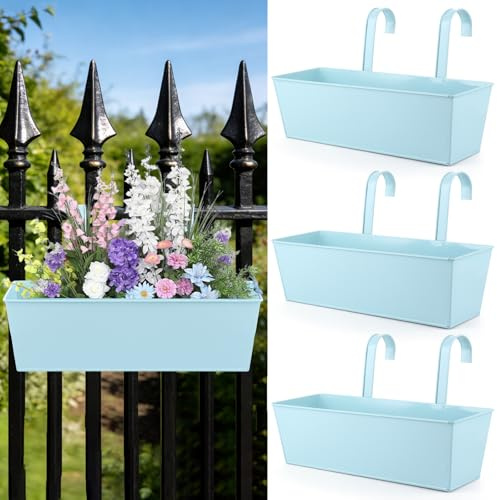 APACALI 4 Pack Large Hanging Plant Pot, 41cm Over Fence Planters, Balcony Planters for Railing with Detachable Hooks, Hanging Flower Pots Fence Planters for Home Garden Decor, Blue, 4 Drainage Holes