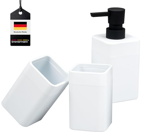 bremermann Badezimmer-Set Savona mit Soft-Touch Oberfläche, eckiges Bad-Accessoires Set 3tlg. aus 1x Seifenspender und 2X Becher, für Badezimmer, Gäste-WC und Küche aus schwarzem Kunststoff (Weiß)