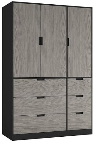 URBNLIVING 3-Door Wardrobe with 6 Drawers – Customisable Two-Tone Storage Unit - Black Unit & Cedar Grey Doors & Drawers
