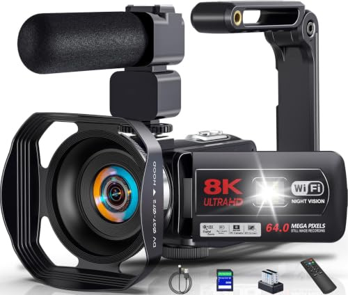 8K Camcorder 64MP Video Camera WiFi 18X Zoom Night Vision Vlogging Camera | HD Webcam Video Recorder for YouTube, 3.0 IPS Touchscreen, 18X Digital Zoom, 2 Batteries, SD Card, Remote, Mic, Stabilizer