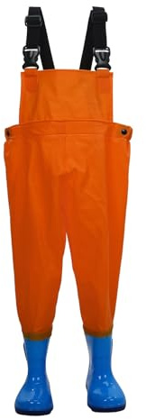 Waders impermeabili per bambini con stivali - Pantaloni da pesca con bretelle regolabili per attività all'aperto e schizzi, waders in gomma con stivali integrati antiscivolo per bambini maschi e