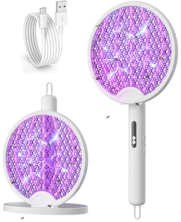 2 in 1 Elektrische Fliegenklatsche mit Ladestation 4000V, 1200mAh Akku Aufladbar Elektro Mückenklatsche mit UV Lichtfalle Moskito, USB-C, 180° Klappbare Mückenklatsche Insektenvernichter Innen Außen