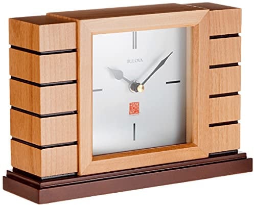 Bulova B1659 Usonian II Frank Lloyd Wright Kaminuhr, Holz, Natur-Finish mit Walnussholz-Basis