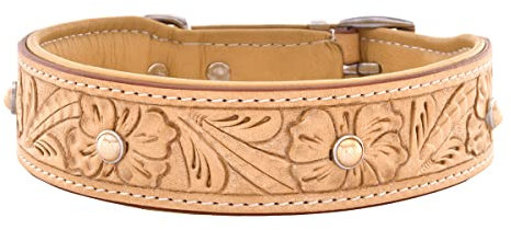 MICHUR Rafael Hundehalsband Leder, Lederhalsband Hund, Halsband, BEIGE, Leder, mit gestanzten Blumenmuster und beigen Steinchen, in verschiedenen Größen erhältlich, Halsumfang 41-49cm