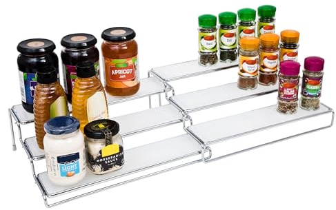 Amtido Spice Rack | Inside Kitchen Cupboard Organiser | Free Standing 3 Tier Expandable Shelves Stand | Pantry Holder for Herbs, Seasoning, Spice Jars Bottles Storage | Chrome