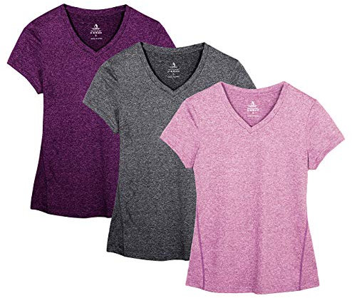 icyzone Women's Workout Running T-Shirt Yoga Fitness V-Neck Short-Sleeve Tops Sports Shirt, 3 Pack (XL, Charcoal/Red Bud/Pink)