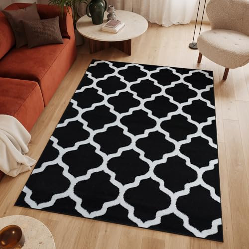 TAPISO Luxury Teppich Kurzflor Schwarz Weiß Wohnzimmer Schlafzimmer Modern Marokkanisch Geometrisch Gitter Rauten Kleeblatt Design ÖKOTEX 300 x 400 cm