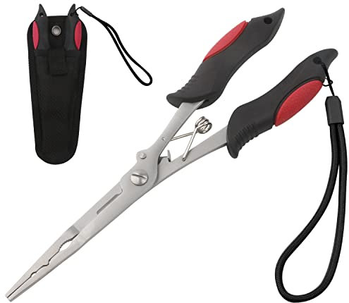 Pince de pêche en acier inoxydable pour retirer les hameçons, coupe-tresses, pince à anneau fendu en eau salée, outils multifonctions de pêche avec gaine et cordon (rouge, 22,4 cm)