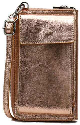 SH Leder Damen Handytasche Umhängetasche Geldbörse Multifunktion Beutel aus Echtleder Verstellbar Schultergurt Handy bis 6,8 Zoll 11,50x19cm Sarah G339 (Rosegold)