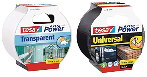 tesa Reparaturband extra Power, transparent, 10m x 50mm & extra Power Universal Gewebeband - Gewebeverstärktes Ductape zum Reparieren, Befestigen, Bündeln - Schwarz - 10 m x 50 mm
