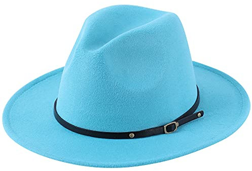 Lanzom Klassischer Panamahut für Damen, breite Krempe, Gürtelschnalle, Wolle, Fedora-Hut, Himmelblau, Einheitsgröße