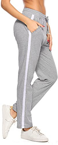 Aseniza Jogginghose Damen Sporthose Lang Baumwolle Trainingshose Freizeithose High Waist mit Streifen für Sport Yoga Gym Grau L