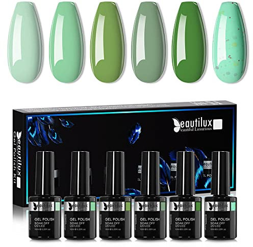 Beautilux UV Nagellack Grün, 6 Farben 10ml Soak Off Hellgrün Gel Nagellack Set für Home-Maniküre Nail Art Maniküre (Hellgrün Serie)