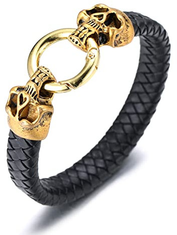 Halukakah Lederarmband für Männer Antike Gold Stahl-Totenkopf 21,5cm Vintage-Retro-Stil Geschenk für Ihn