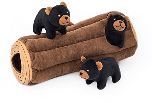 ZippyPaws Woodland Friends Burrow Interactive Dog Toys - Hide and Seek Dog Toys and Puppy Toys, Colorful Squeaky Dog Toys, and Plush Dog Puzzles, Black Bear Log